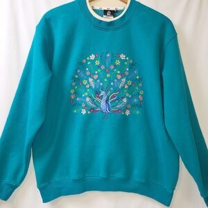 Embroidered Flowers Peacock Plush‎ Sweatshirt Women's Size XL  Turquoise